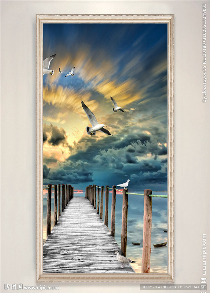 黄昏木桥海鸥海景风景画