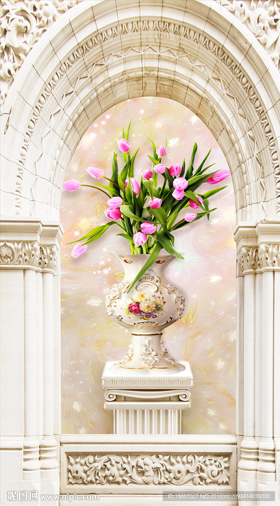 罗马柱拱形郁金香花瓶玄关背景墙
