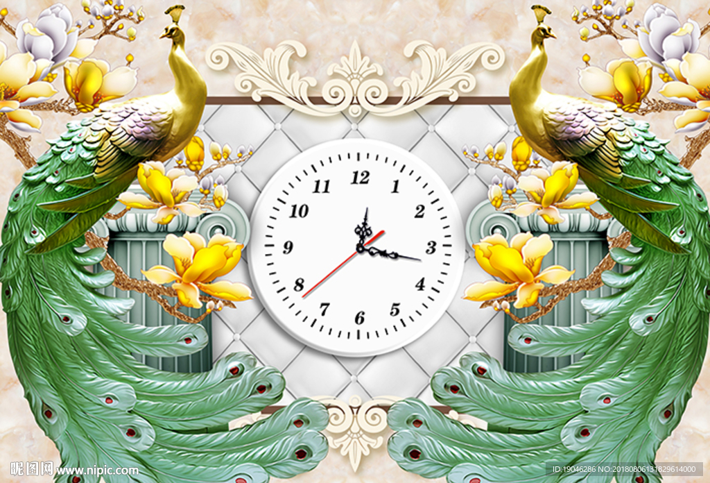 浮雕孔雀玉兰花欧式钟表背景墙
