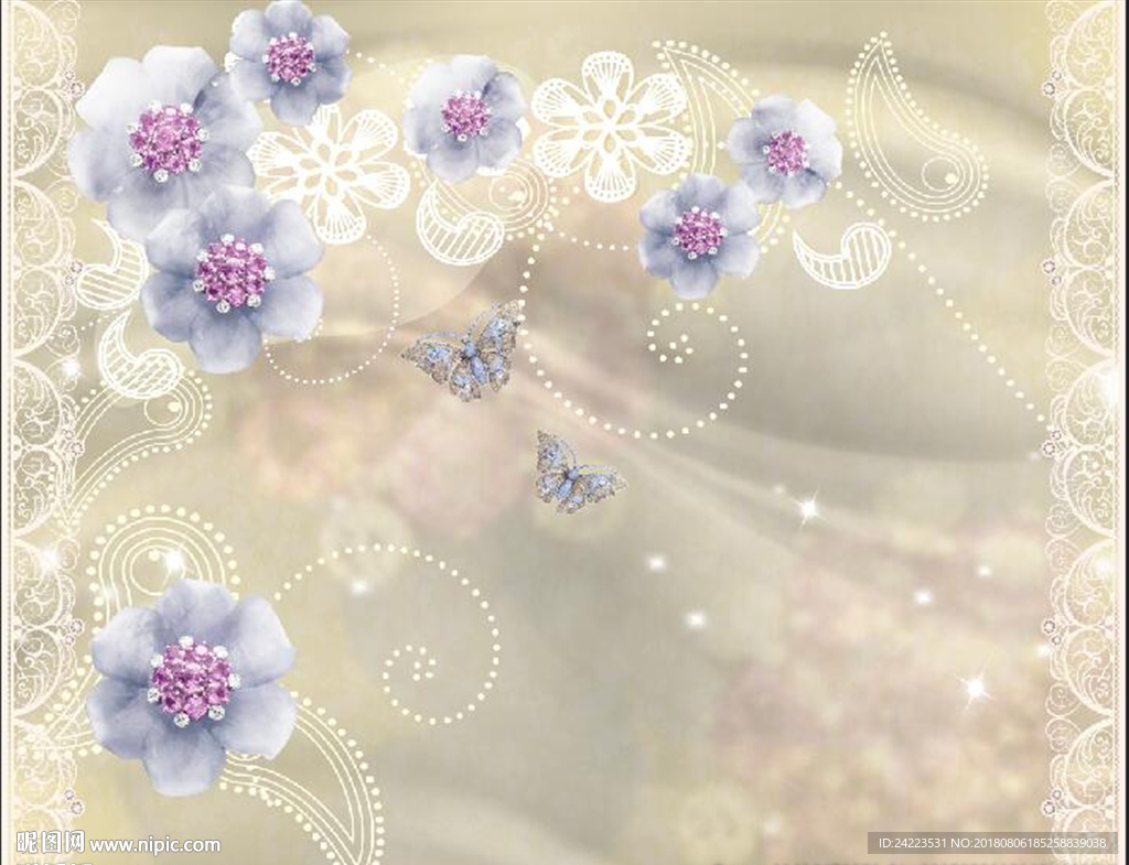 唯美紫色珠宝花朵蕾丝花纹背景墙