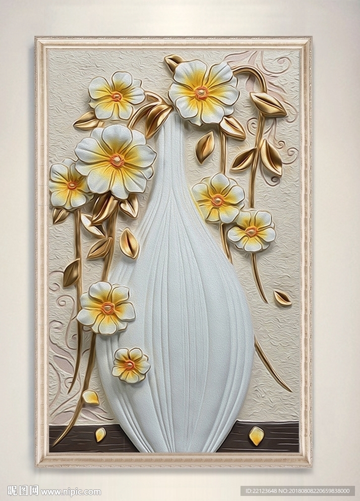 中式浮雕花卉花瓶装饰画