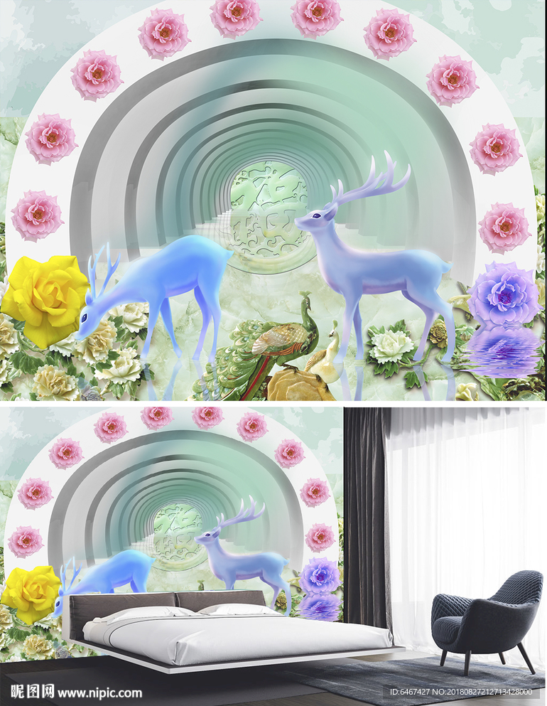 3d空间麋鹿背景墙装饰画