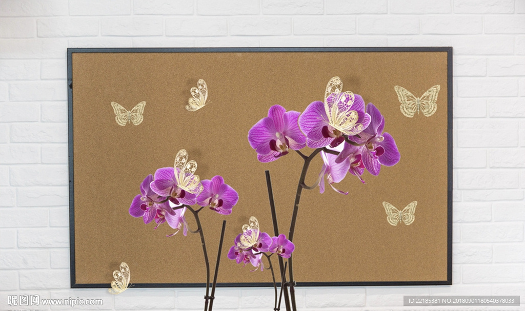 金色蝴蝶紫色花卉背景墙