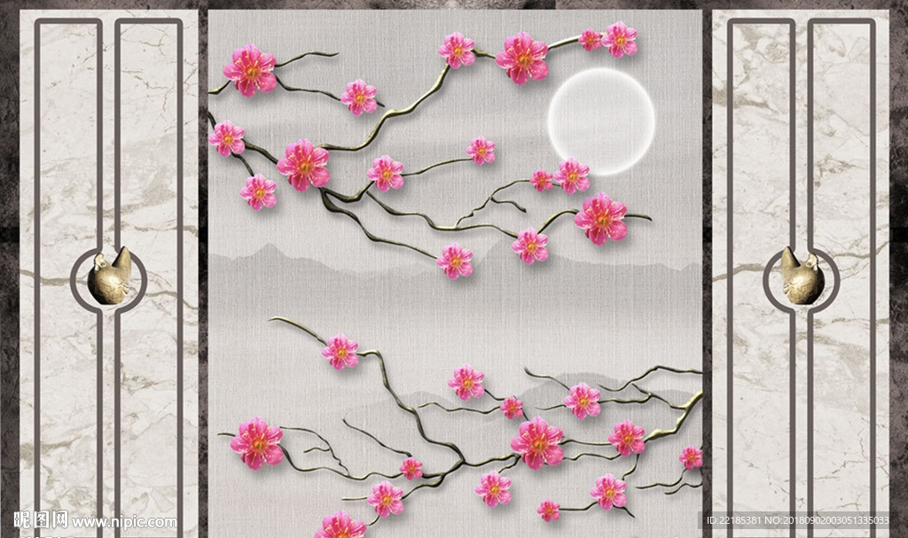 粉色梅花山水画背景墙