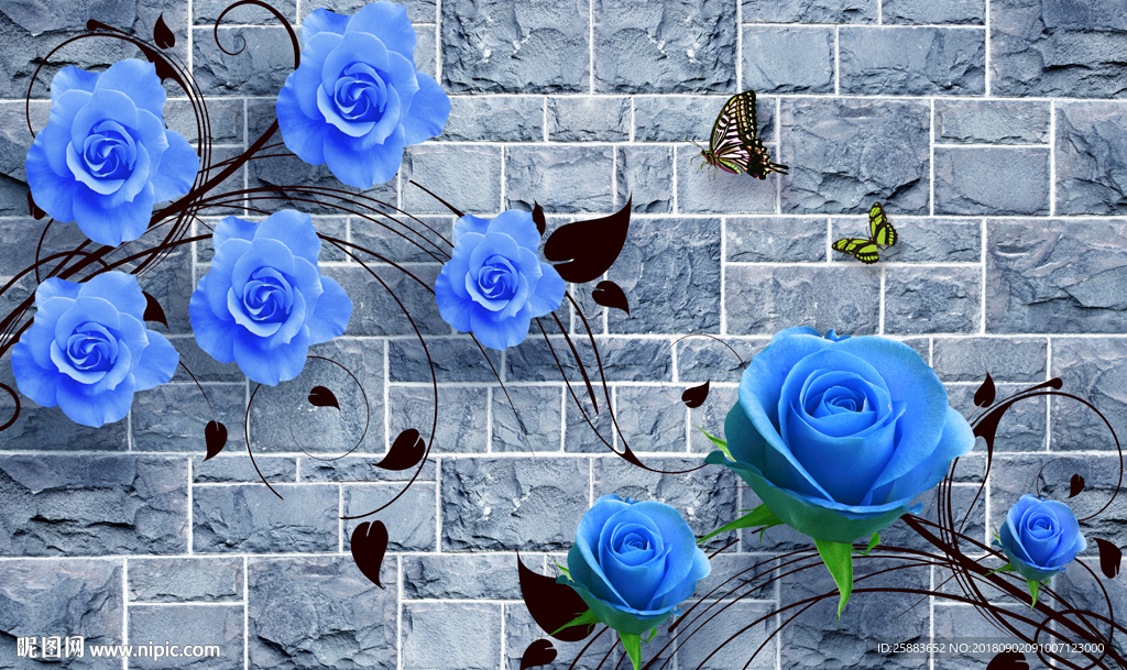 时尚蓝玫瑰3D电视背景墙