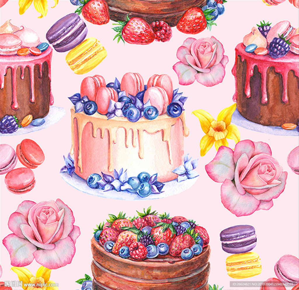 时尚手绘甜美蛋糕图案素材