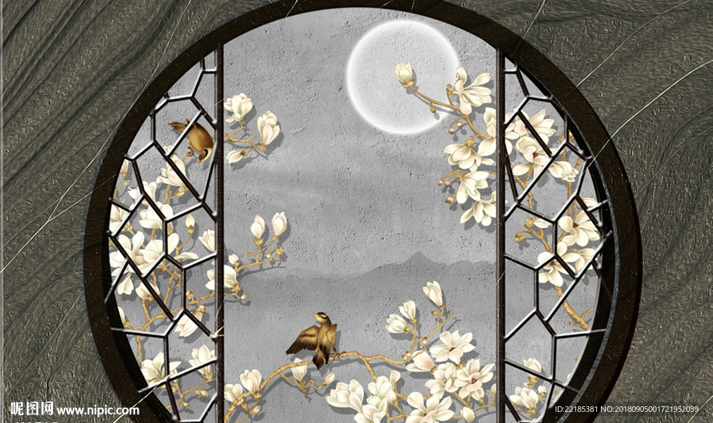 中式大理石漏窗框景花鸟背景墙