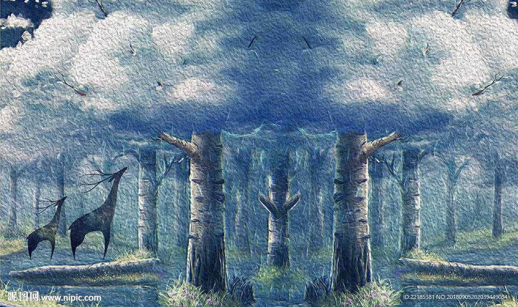 蓝色玄幻树林麋鹿背景墙