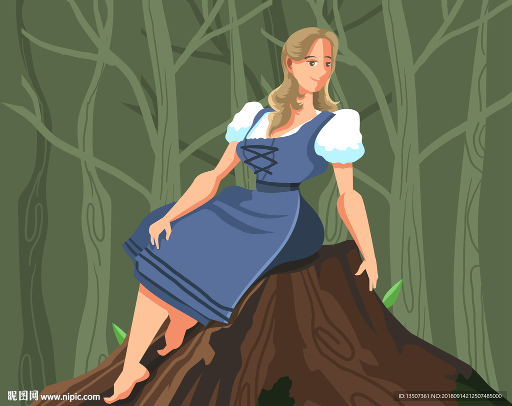手绘一个坐在树桩上的女人插画