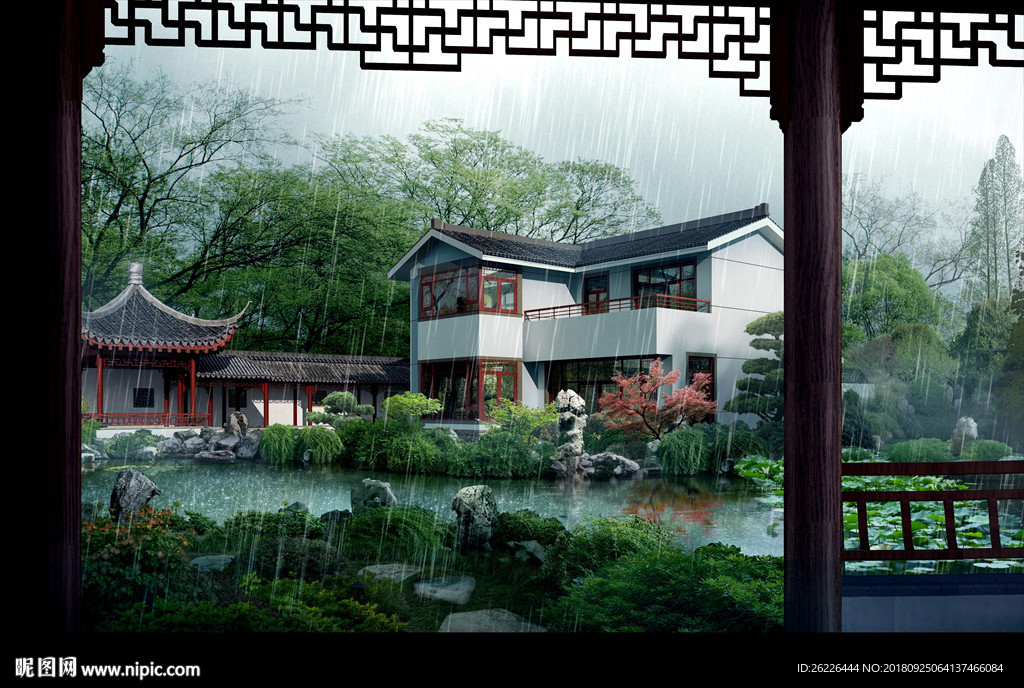 苏州园林-中式民宿雨景图