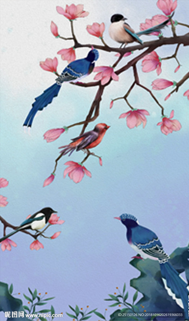 手绘油画唯美花卉小鸟装饰画