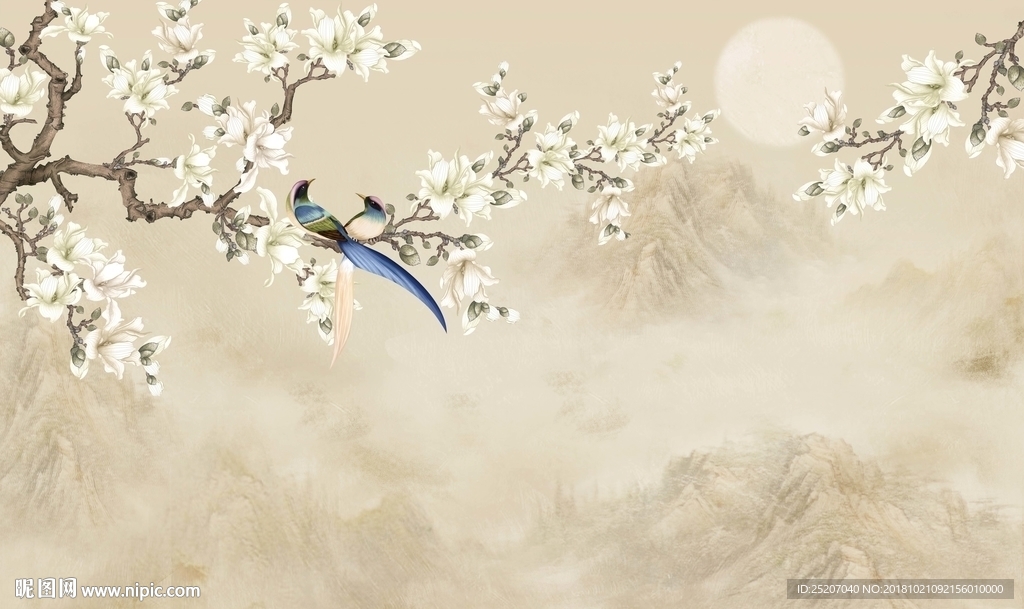 玉蘭花鳥水墨山水畫