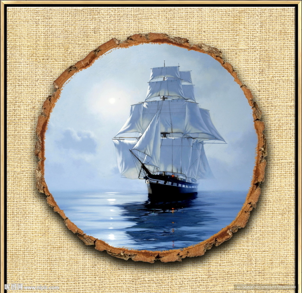 北欧风树桩帆船大海油画