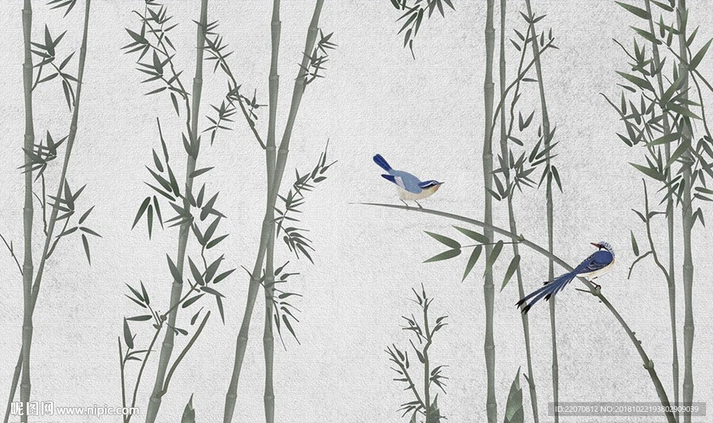手绘素描竹子喜鹊背景墙