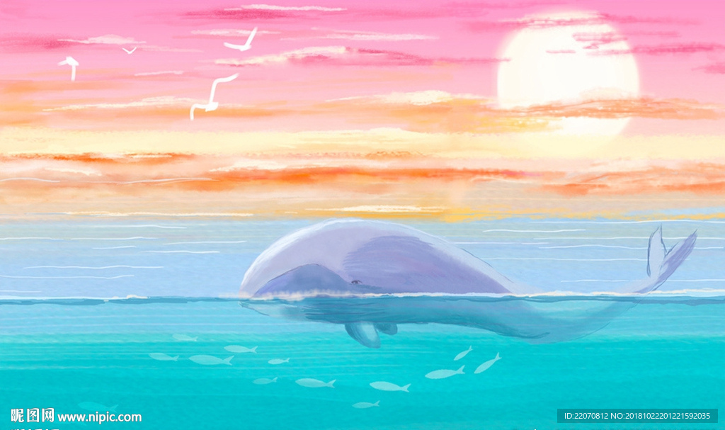 浪漫手绘油画天空海洋鲸鲨背景墙