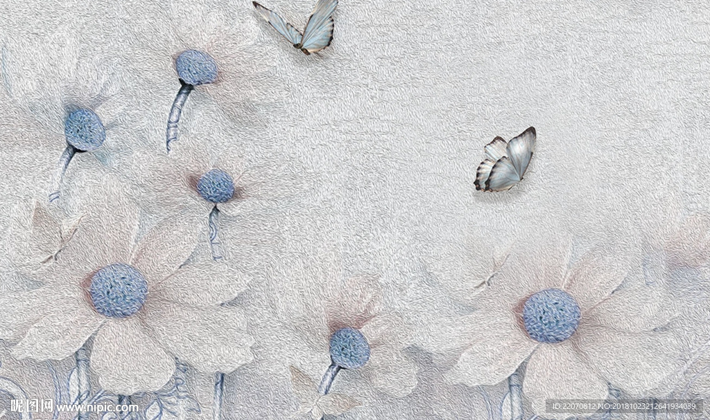 清新花卉手绘蓝粉色蝴蝶背景墙