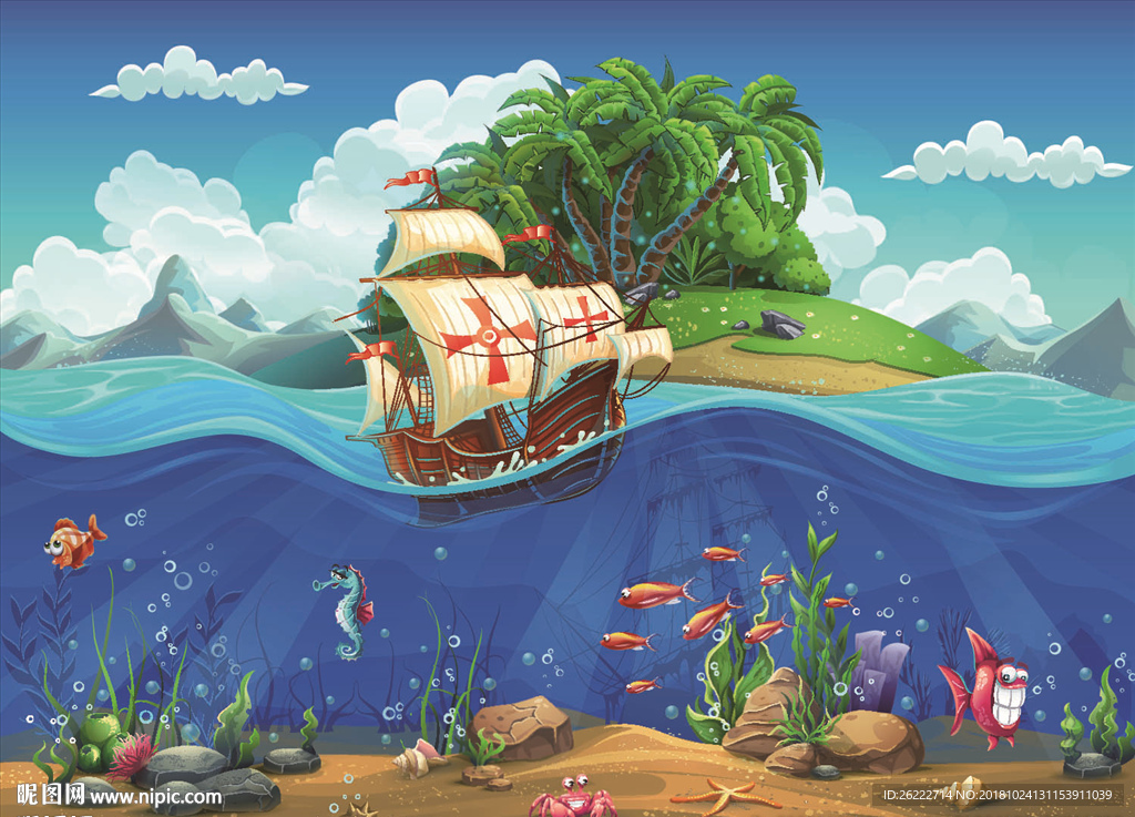 海洋风景卡通插画背景墙