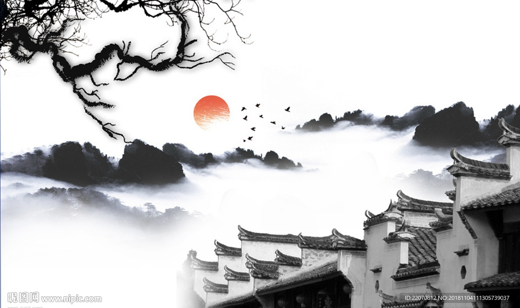 中式古镇古宅风景背景墙