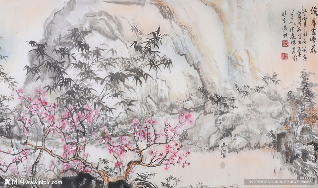 中国风手绘工笔溪虚云傍花背景墙