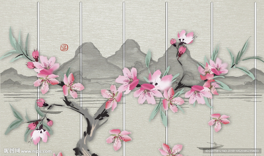 中式清新简洁桃花山水背景墙