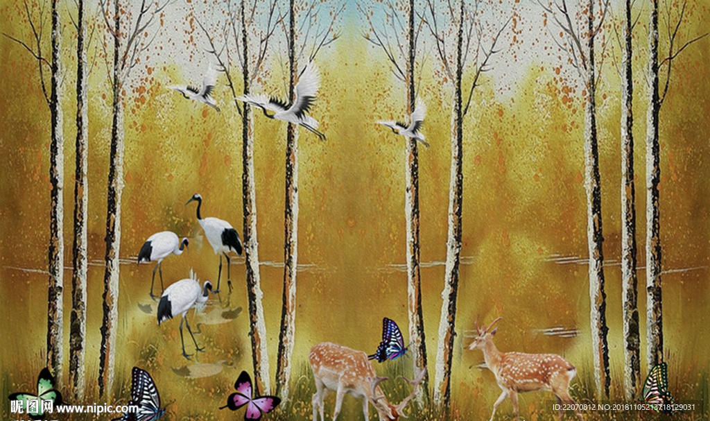 现代手绘油画森林动物背景墙