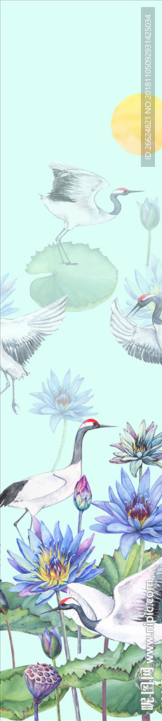 手绘水彩荷花白鹤服装印花图案