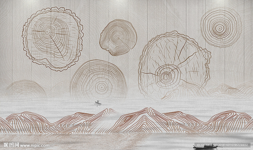 创意木头年轮线条山水背景墙
