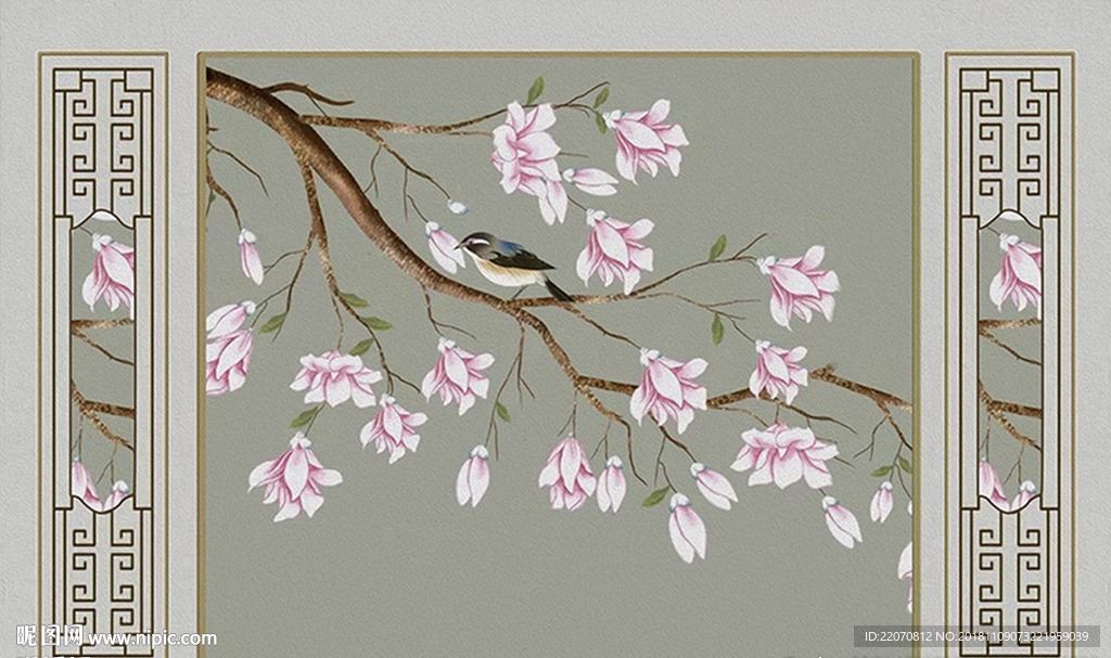 中式手绘梅花小鸟背景墙