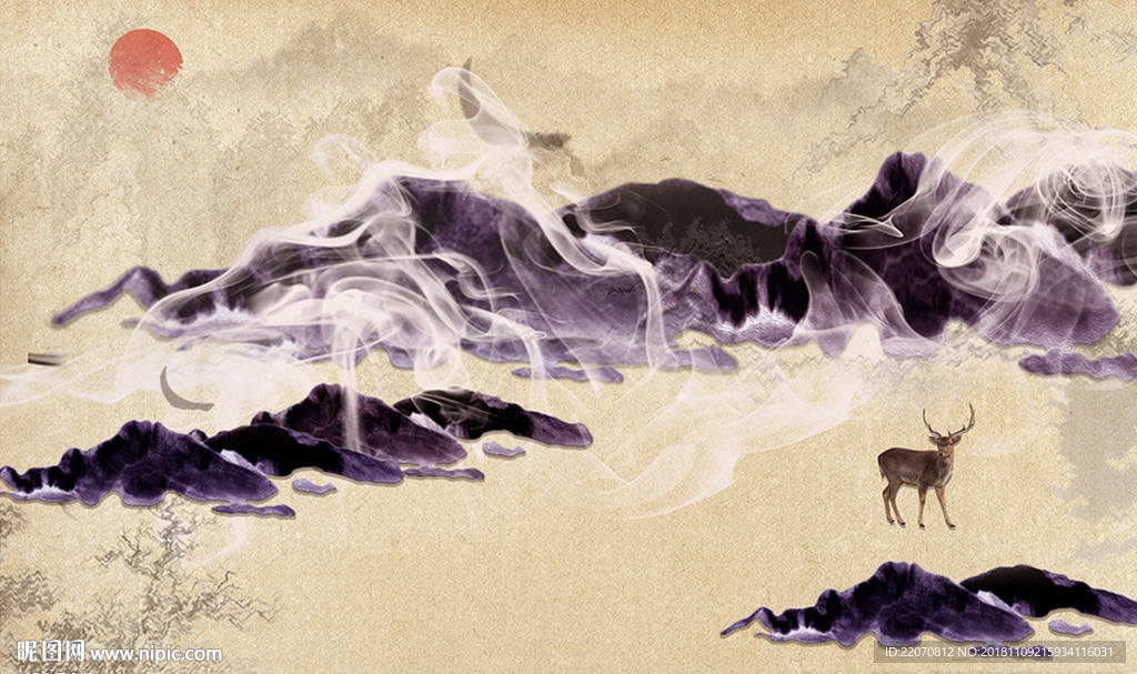 紫色山峦云雾缭绕麋鹿背景墙