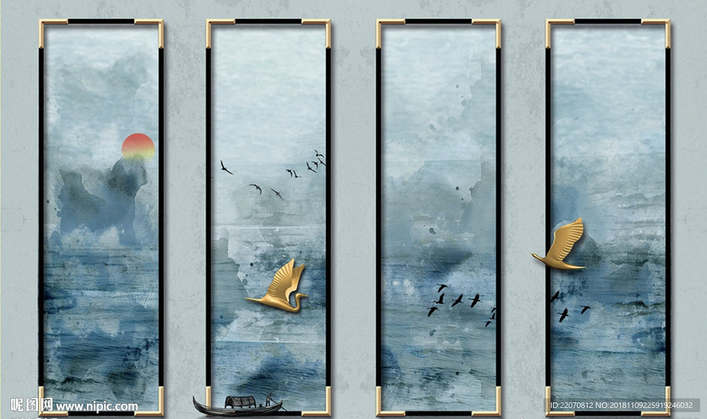 现代时尚水彩山水画框飞鸟背景墙