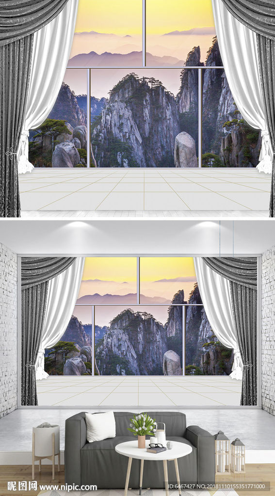 3D立体阳台窗户森林沙发背景墙
