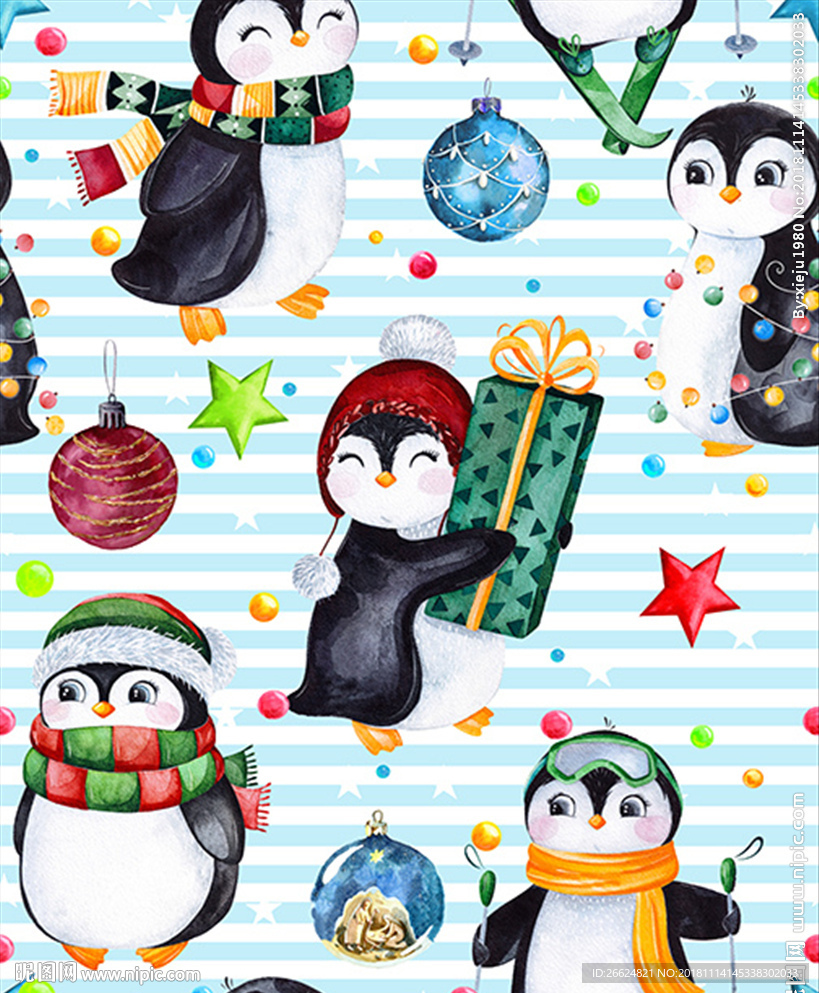 手绘圣诞节圣诞企鹅圣诞礼物图案