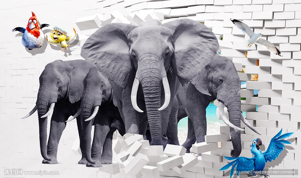 3D立体大象动物背景墙