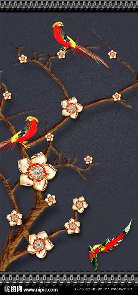 中式浮雕花鸟装饰画