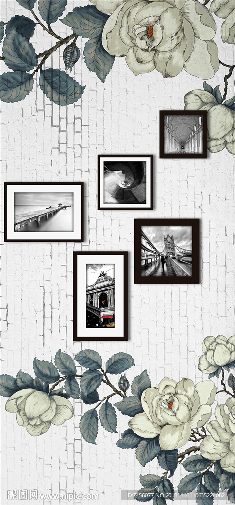 黑白艺术照唯美花卉玄关背景墙