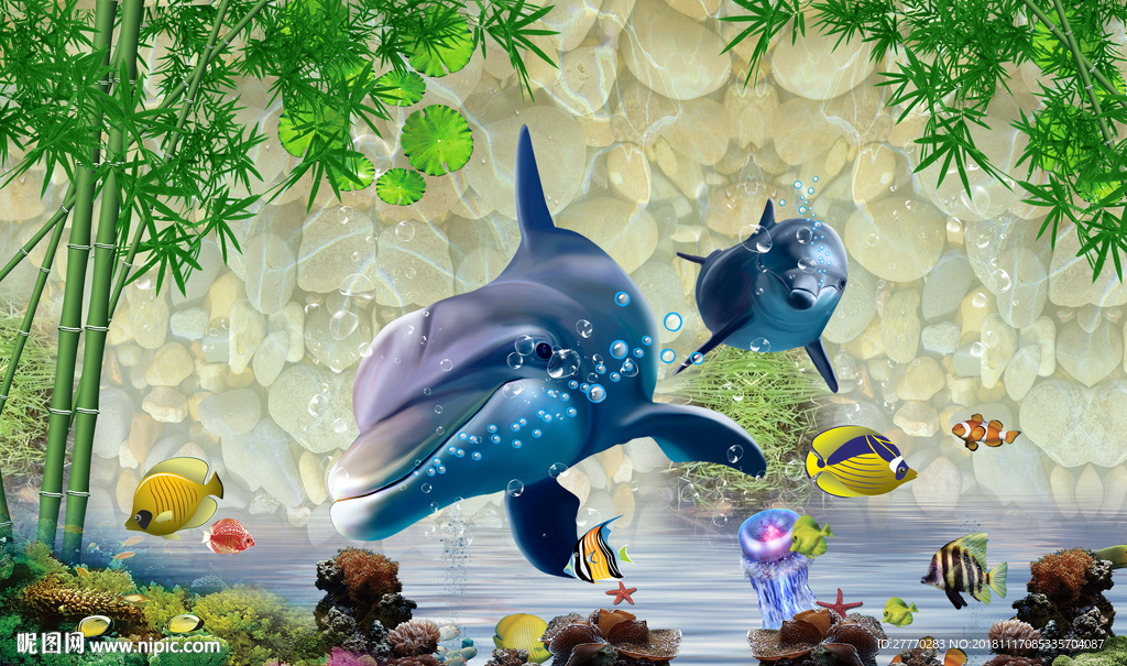 海豚小鱼海洋世界背景墙
