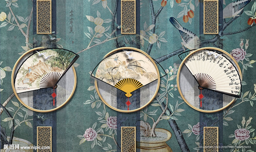 古典折扇画框工笔花鸟背景墙