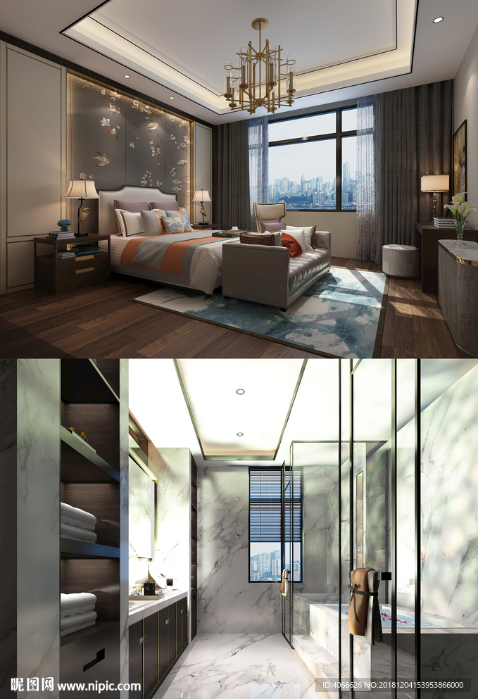 新中式卧室与卫生间模型