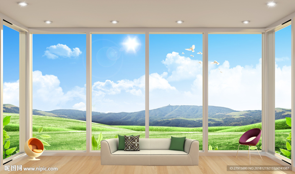 3D立体窗外蓝天白云背景墙
