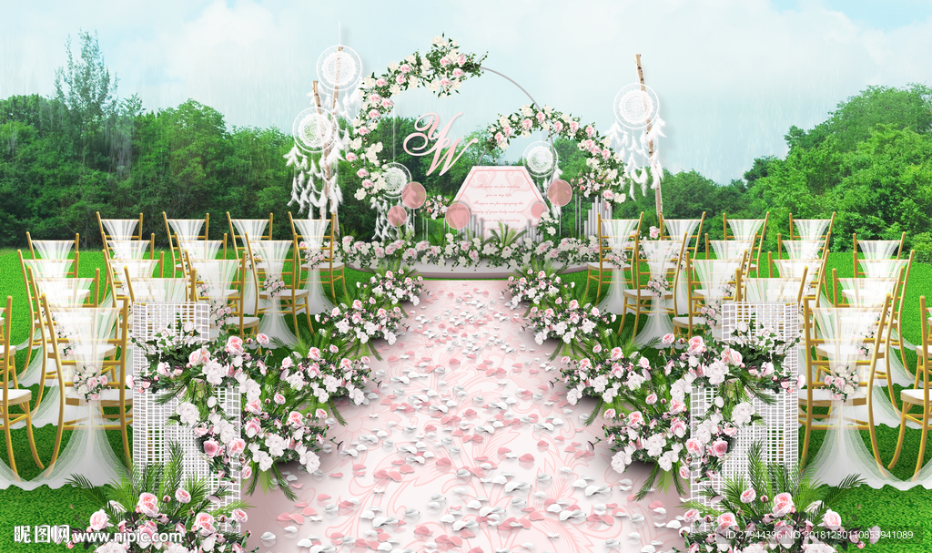 粉白色户外婚礼仪式区