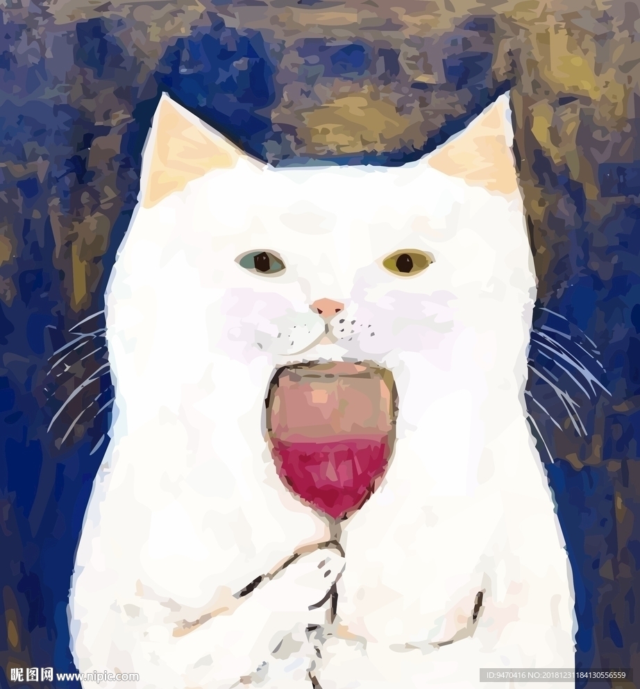 抽象艺术作品矢量图猫咪红酒卡通