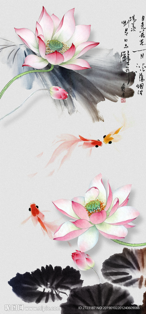 中国风荷花文化水墨风格玄关壁画
