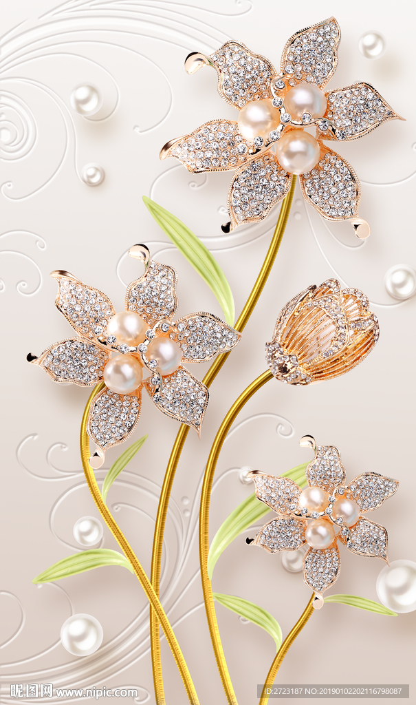 珍珠钻石花朵立体质感玄关壁画