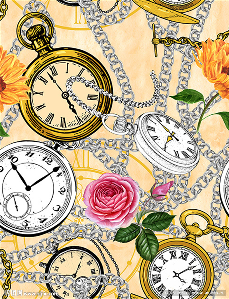 手绘怀表钟表链条花卉印花图案