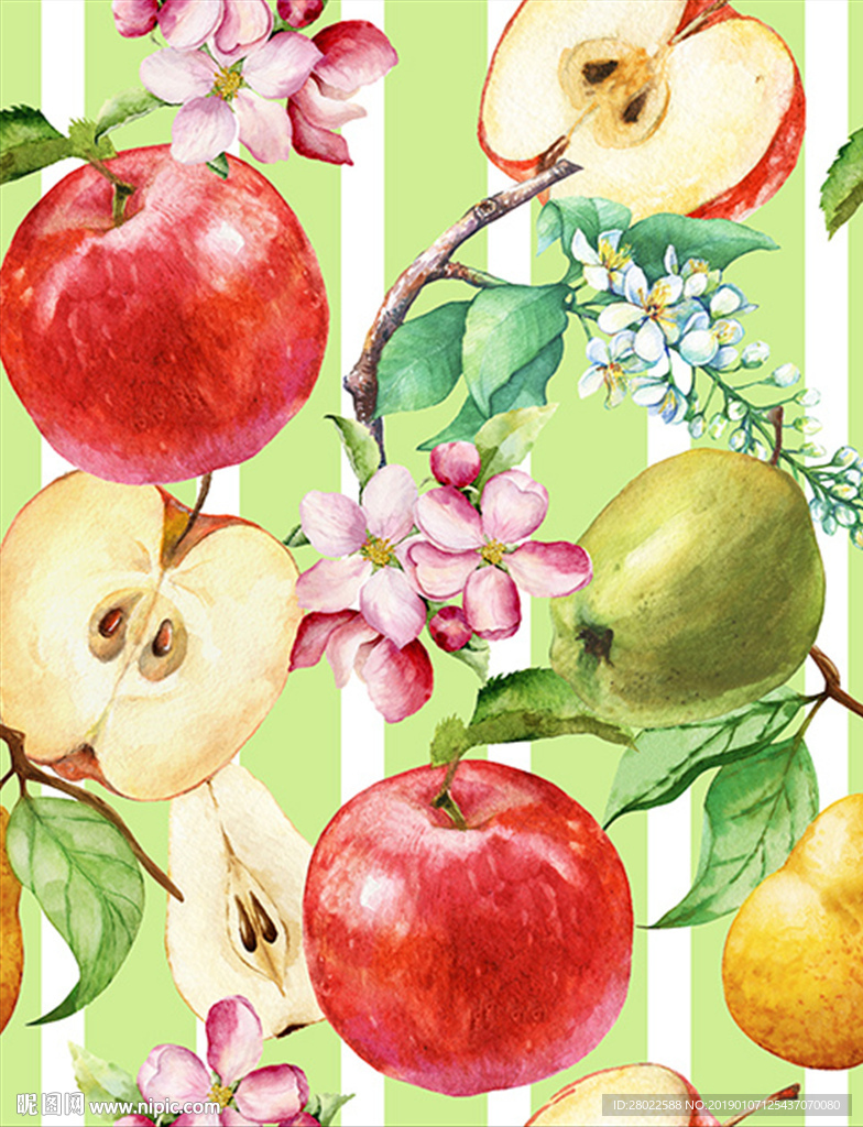 水彩水果手绘苹果梨子条纹底纹
