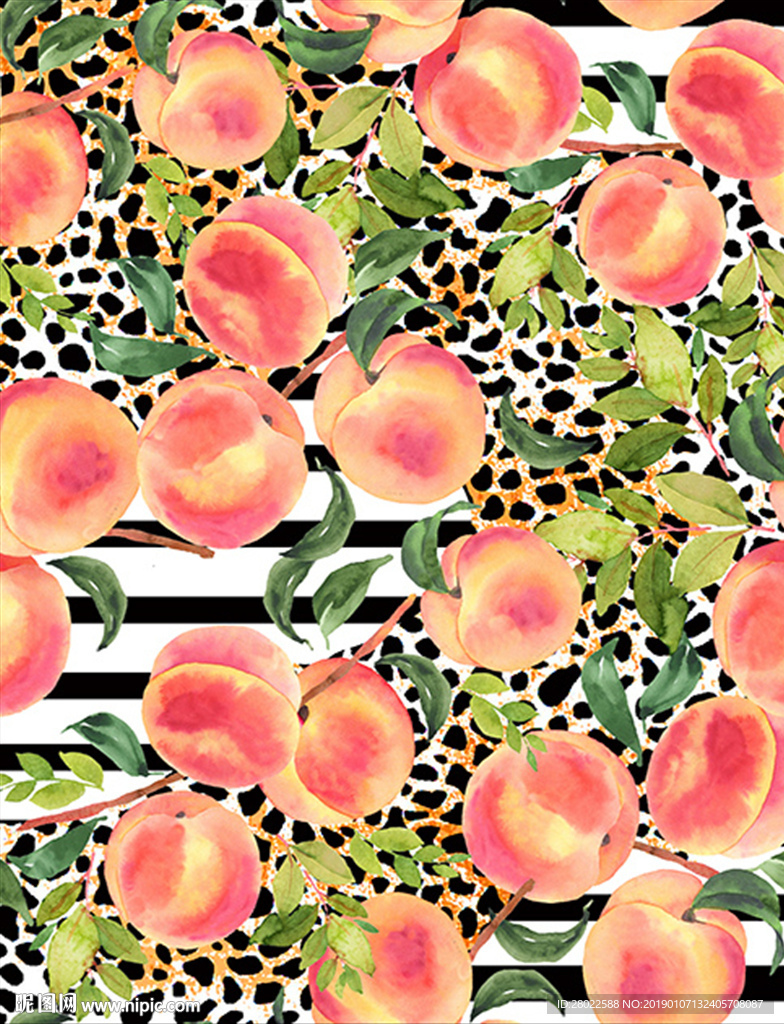 水彩水果手绘桃子豹纹条纹服装图