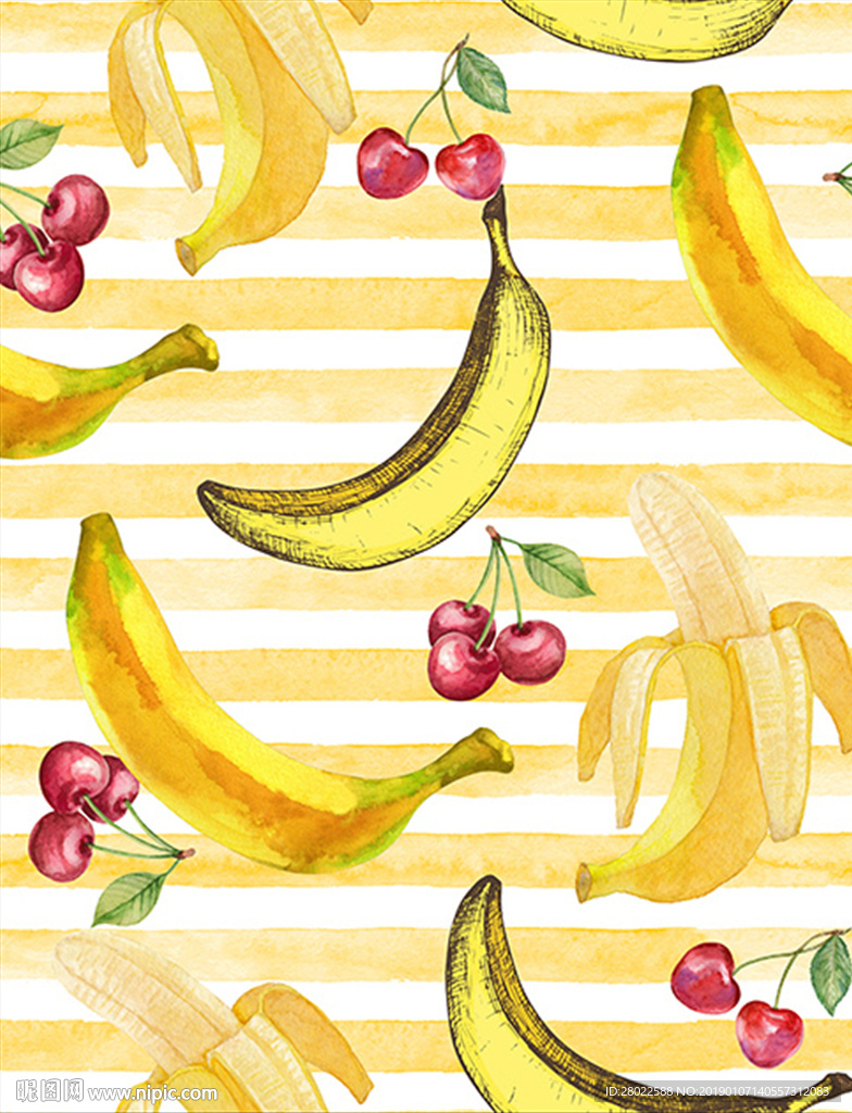 手绘香蕉樱桃条纹底纹服装图案