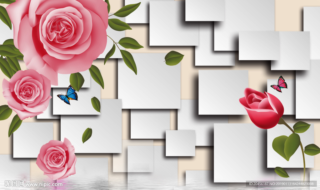 3D粉红色玫瑰背景墙