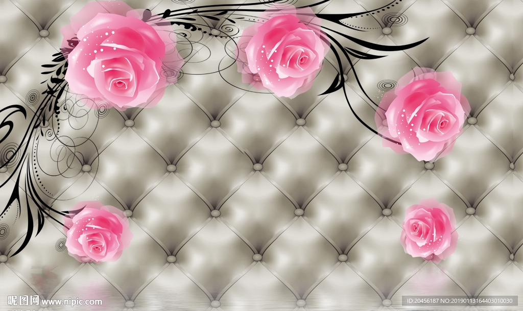 3D灰色软包玫瑰背景墙