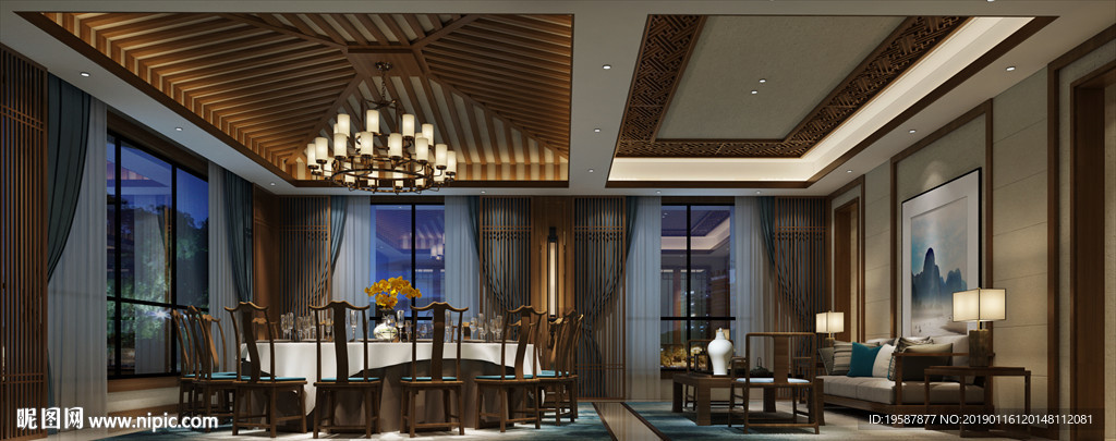 中式酒店餐厅包间模型效果图